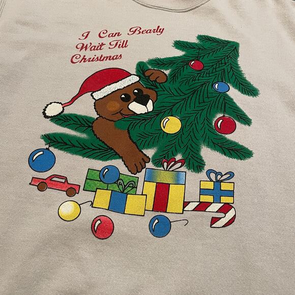 Vintage Christmas Sweatshirt Mens Large USA I Can Bearly Wait Til Bear Tree 90s - Picture 3 of 10